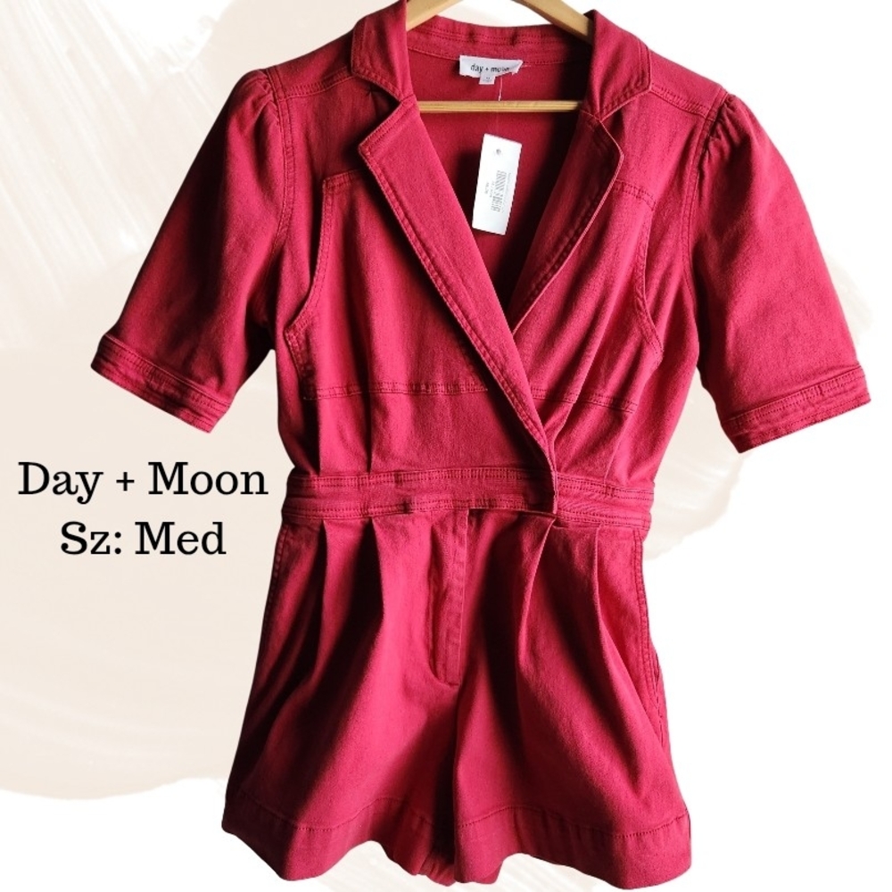 Day + Moon Wrap Romper‎ Medium Burgundy Wine Red Short Sleeve NWT